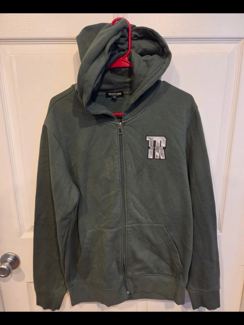 True Religion Olive Green Full-Zip Hooded Jacket with TR Patch